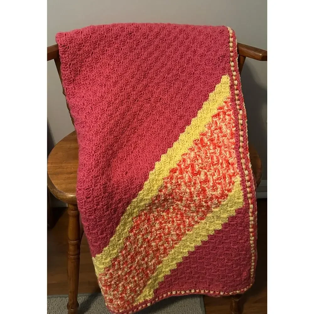 Handmade Crochet Pink with Pale Yellow Acrylic Yarn Afghan Blanket 48